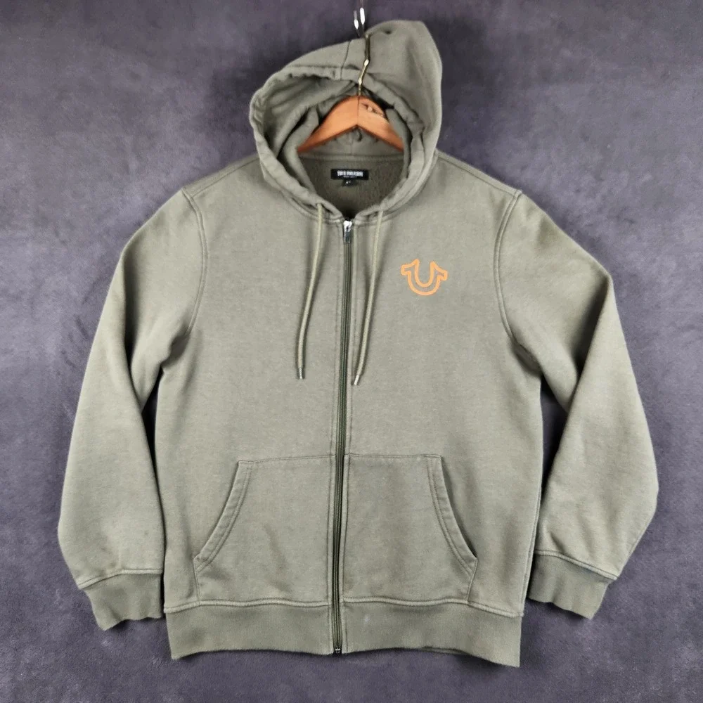 True‎ Religion Old Skool Hoodie Mens Large Olive Green Buddha Graphic Full Zip